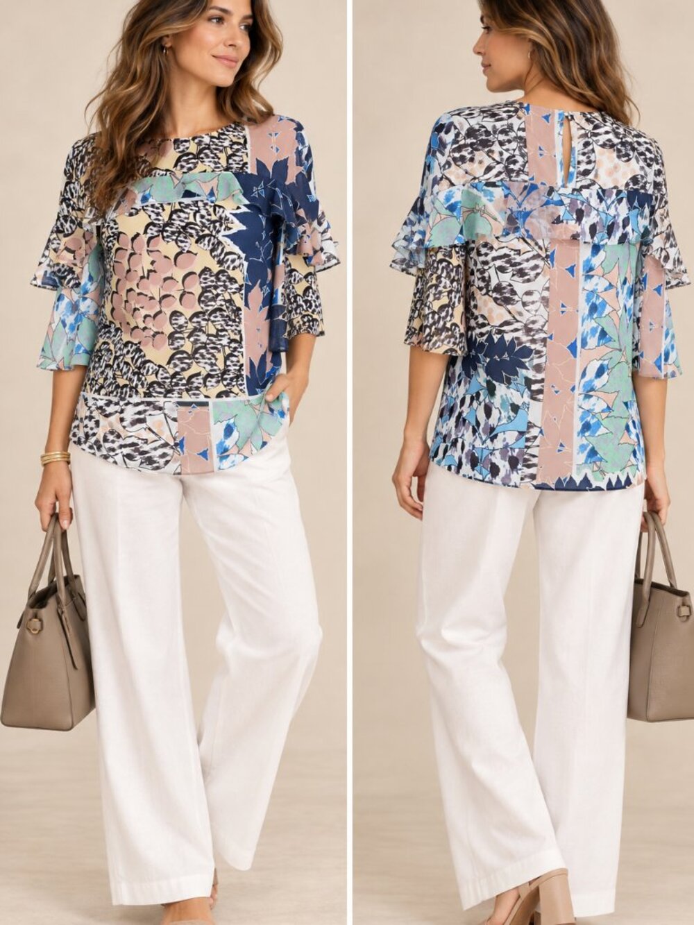 Reiss Multicolor Floral Patchwork Ruffle Blouse Size 2